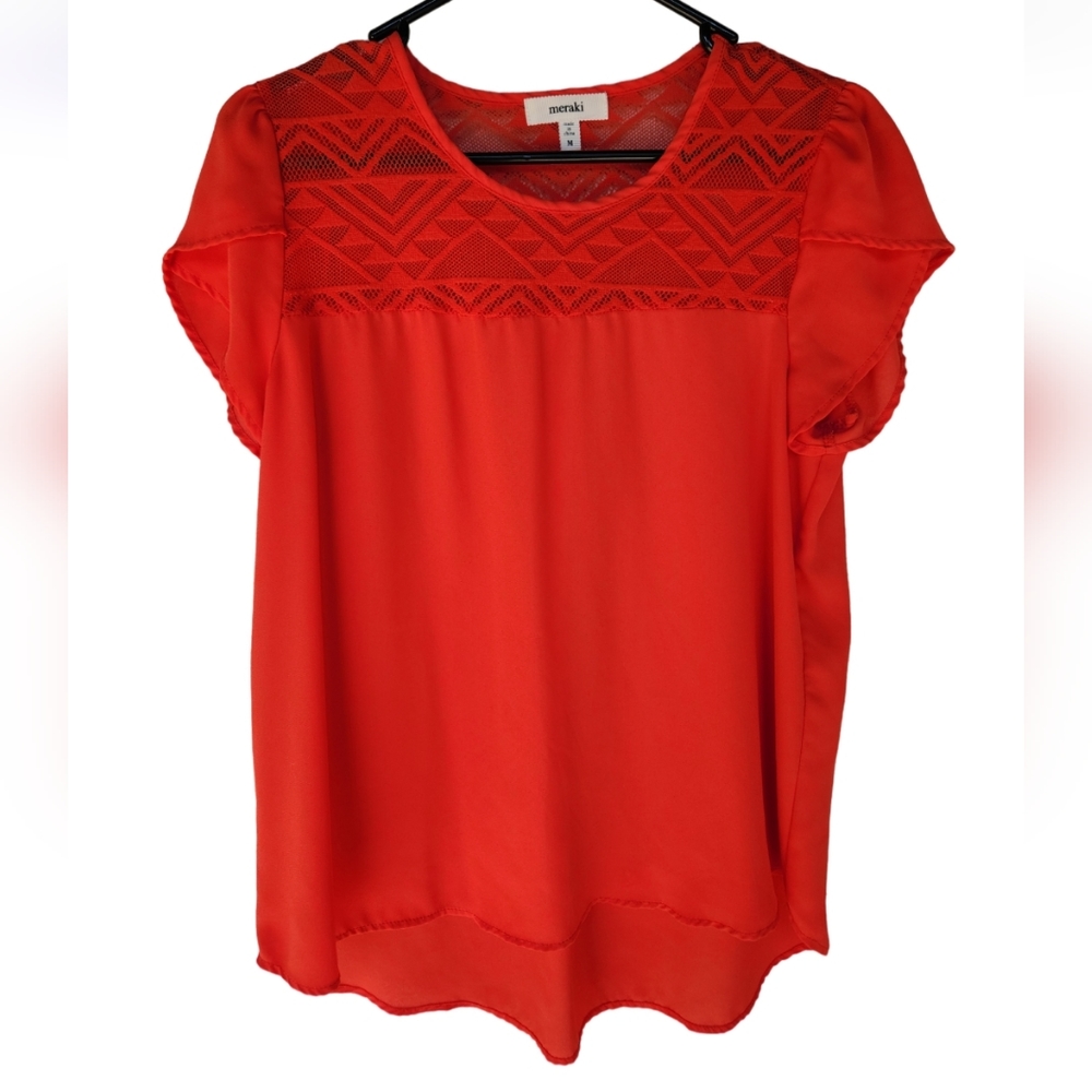 Meraki Burnt Red/Orange Lace Tribal Geometric Print Blouse, Size M